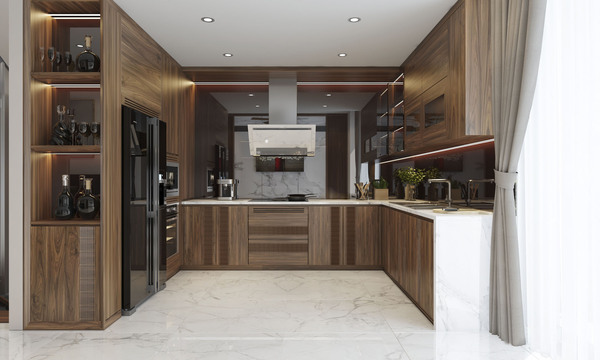 Modern kitchen cabinet model made from walnut wood