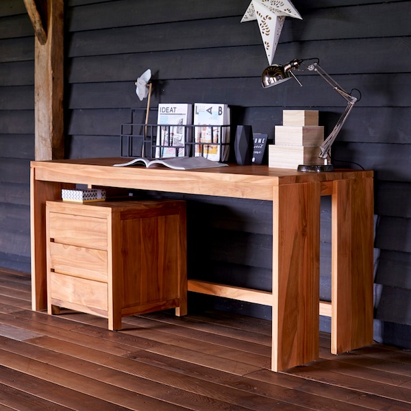 Teak desk shows the modern aesthetic taste of the owner