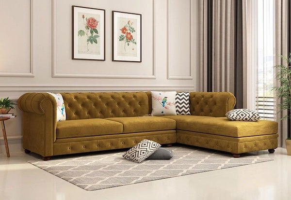 Corner sofa model with eye-catching brown-yellow color