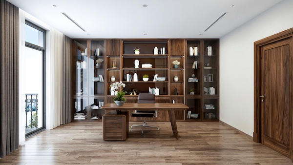 Walnut wood desk creates high aesthetics for the overall space