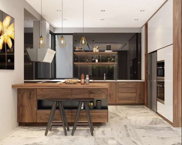 The kitchen cabinets stand out with the delicate lines of walnut wood grain